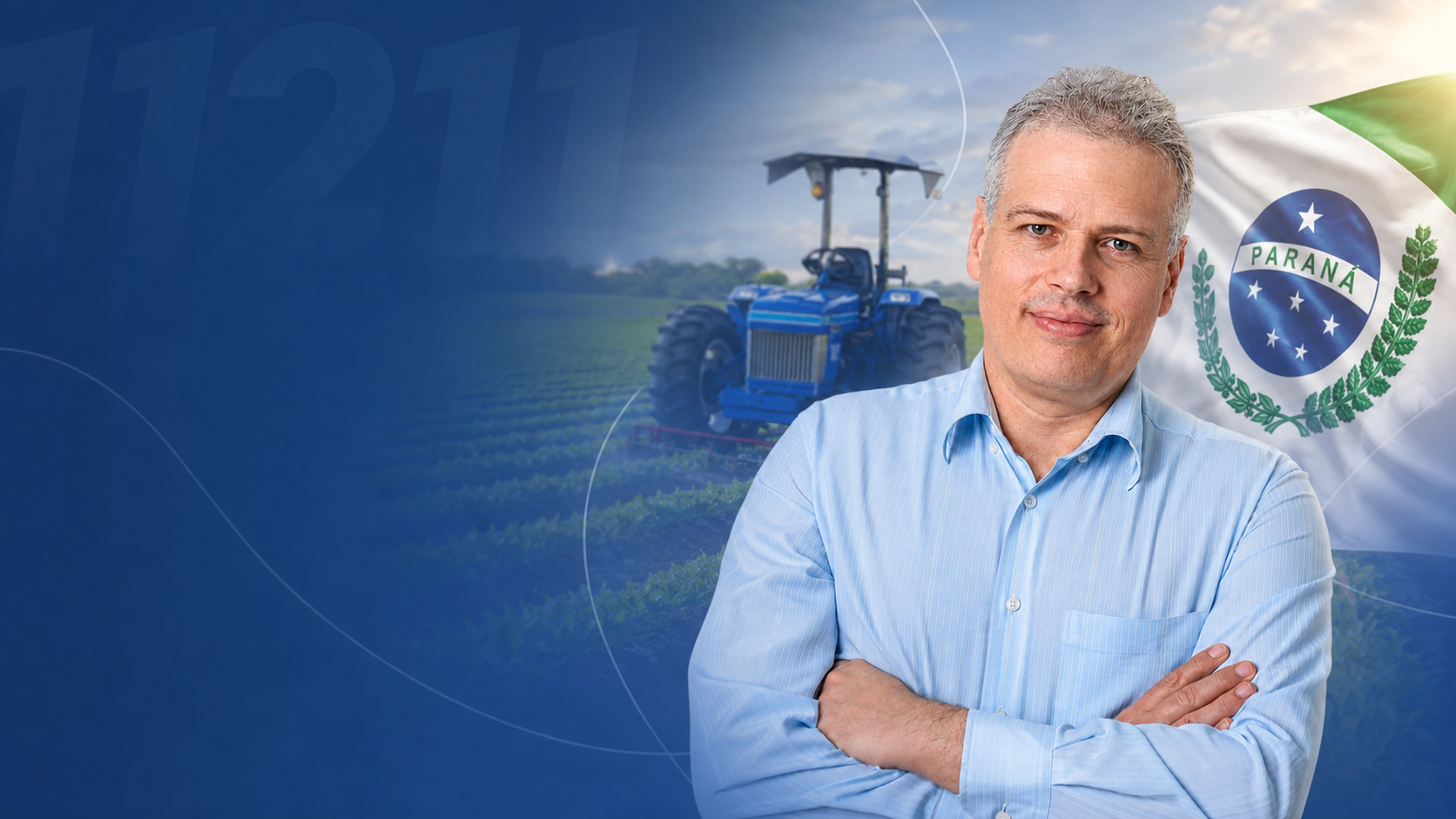 Dr. Bráulio diante de uma paisagem rural e da bandeira do Paraná